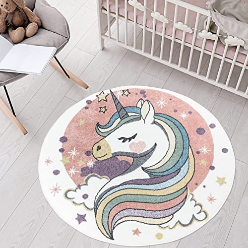 carpet city Teppich Kinderzimmer Einhorn - Creme, Rosa - 160 cm Rund - Kinderteppich Kurzflor Unicorn mit Sternen - Weicher Flor
