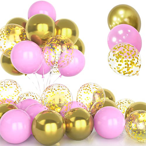 30 Pièces Ballons Rose et Or, 12 Pouces Métallique Chrome Dorés Confettis Ballons, Latex Hélium Roses et Doré Ballons avec Ruban pour Anniversaire Festival Enfant Baby Shower Fête Célébrations