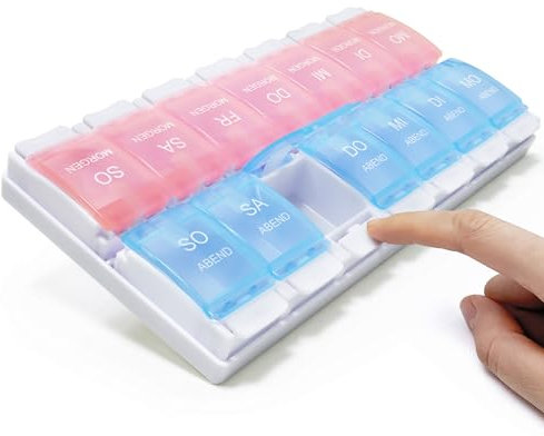 MOLN HYMY Medikamentenbox 7 Tage 2 Fächer, Pillendose Morgens Abends, Große Kapazität, BPA-frei, 14 Fächer, Druckknopf (Pink Blau)