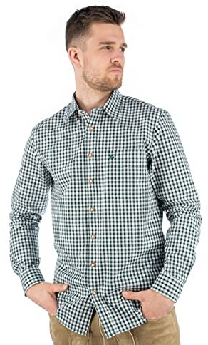 OS Trachten Herren Hemd Langarm Trachtenhemd mit Liegekragen Panxeta, Größe:35/36, Farbe:dunkelgrün