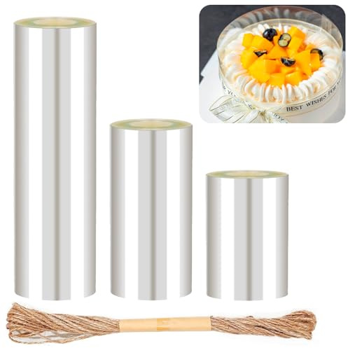 Furuising 3 Rolls Cake Collar, Total 30M（20cm/15cm/10cm x 10m, Transparent） | Acetate Sheets for DIY Baking, Thickened Acetate Roll Cake Strip Cake Edge Film for Cake Decorating Chocolate Mousse Crafting