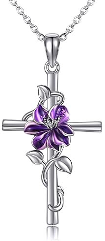 JERWLI Blume Kreuz Halskette 925 Sterling Silber Nelke/Rose/Lily/Daisy Kreuz Halskette Geburt Blume Schmuck für Frauen Mädchen (Violett)