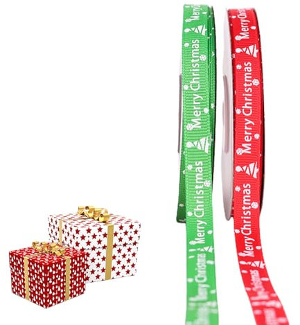 Schleifenband Weihnachten, Geschenkband Weihnachten, Weihnachtsbänder, 1cm Breite Satinband mit Weihnachtsmotiv für Geschenk Weihnachtsbaum Dekoration (25 Yards/Rollen),2 Rollen Grün/Rot