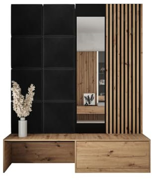 Mirjan24 Garderoben-Set Paladura I, Schuhschrank + Spiegel + Lamellen Paneel mit Kleiderhaken + Gepolstertes Paneel/Wandpaneel, Flurgarderobe, Wandgarderobe (Eiche Artisan, Manila 18)