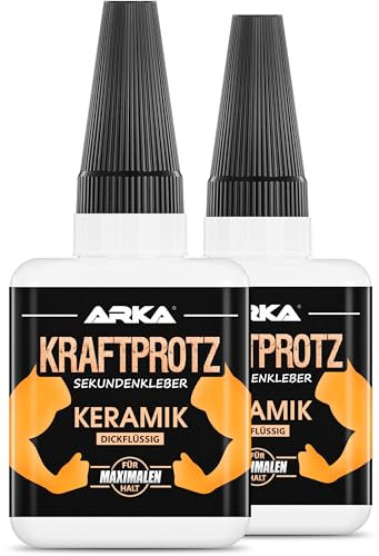 2x 50 g KERAMIK & PORZELLAN Sekundenkleber extra stark | Inkl. Anti-Austrocknung-Spitze | KRAFTPROTZ | Dickflüssiger Superkleber | Wasserfest | Keramikkleber, Steingutkleber & Porzellankleber