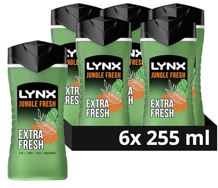 Lynx Jungle Fresh 3-in-1 Body Wash Hair, Face and Body Cleanser shower gel with a palm leaf & amber scent for an all day fresh & clean feel 6x 225 ml