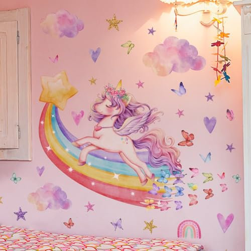 COVPAW Wandtattoo Regenbogen Einhorn Wandaufkleber Blumen Wolken Schmetterlinge Mädchen Wandsticker Wanddeko für Mädchenzimmer Kinderzimmer Babyzimmer (Einhorn auf Regenbogen)