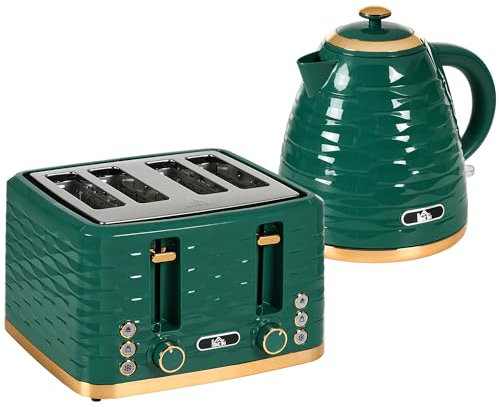 HOMCOM Kettle and Toaster Sets, 3000W 1.7L Rapid Boil Kettle & 4 Slice Toaster with 7 Browning Controls, Defrost, Reheat and Crumb Tray, UK Otter Thermostat, Green