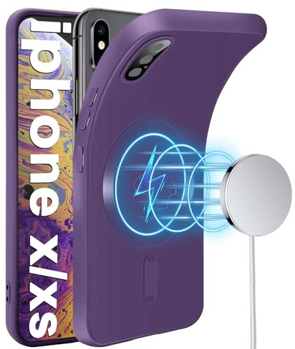 Handyhülle für iPhone X, iPhone XS Hülle [Kameraschutz Eingebaut] [Magnetische] [für Mag-Safe] Silikon Weiche Metall Matte Textur Tasche Case Schutzhülle für iPhone XS, iPhone X 5,8-Zoll (Lila)