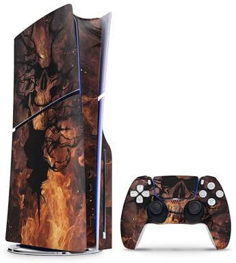 Skins4u Slim PS5 Skins Aufkleber für PlayStation 5 Konsole und Controller Skin Vinyl Skin Sticker PS5 Slim Disc Design Schutz Folie Skull on Fire