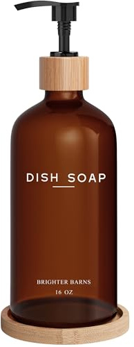 Amber Glass Dish Soap Dispenser for Kitchen Sink by Brighter Barns - Kitchen Soap Dispenser Set with Tray - Glass Bottle with Pump for Liquid - Boho Home Decor and Accessories for Restaurant (Amber)