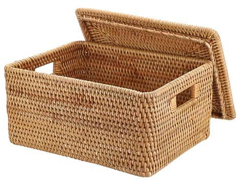 Hipiwe Wicker Storage Bin with Lid & Handle Handwoven Rattan Shelf Baskets
