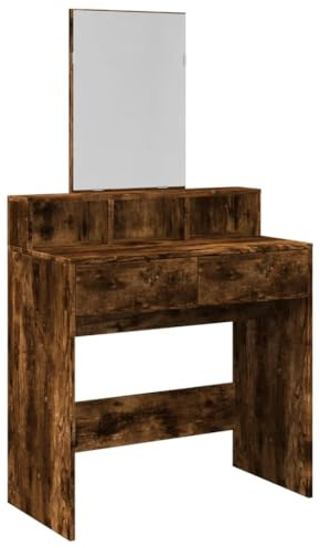 vidaXL Schminktisch, Frisiertisch mit Spiegel, Kosmetiktisch mit 2 Schubladen 3 Fächern, Frisierkommode für Schlafzimmer, Modern, Räuchereiche
