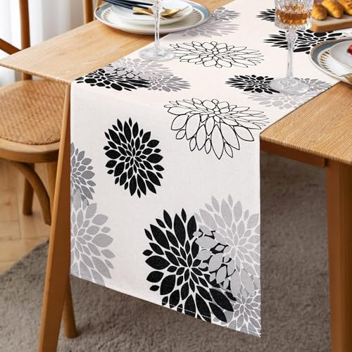Chemin de Table Noir Gris Lin Dahlia Fleur 33X183cm Chemins de Table Moderne Attrayant Ferme Floral Table Centre Décor Printemps Été Chemin de Table pour Salon Maison Salle À Manger Fête Entrée Patio