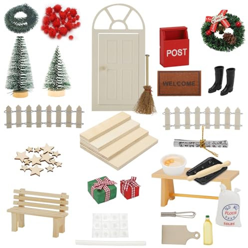 LERKNVOE Porta Elfo Natale Kit, 69Pcs Porticina Dell Elfo di Gnomo, Accessori Porta Degli Gnomo in Legno, Porta Magica Elfo per Decorazione Casa Delle Bambole Fai Da Te Natale Bambini Regalo