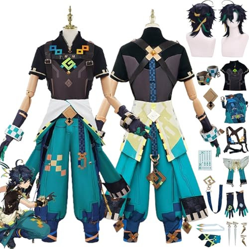 Genshin Impact Kinich Cosplay Kostüm Outfit Spielcharakter Arlecchino Uniform Komplettes Set Halloween Party Karneval Dress Up Anzug mit Perücke Kopfschmuck Ohrringe für Männer
