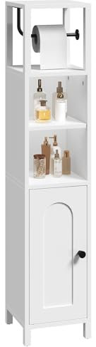 MAHANCRIS Badezimmerschrank, schmaler Badschrank mit Verstellbarer Platte und Toilettenpapierhalter, Beistellschrank, Weiß ABCBW9201