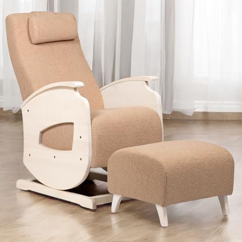 NeiLux Design Schaukelstuhl mit Hocker – Handgefertigter Schaukelstuhl – Gemütlicher Schwingsessel mit Armlehnen für Wohnzimmer, Schlafzimmer & als Lesesessel – Relax Sessel (Beige)