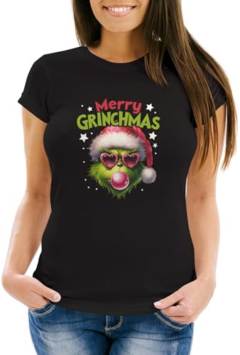 MoonWorks®Weihnachtsshirt Damen Spruch Merry Grinchmas T-Shirt Weihnachten Lustig Weihnachtsoutfit Frauen Schwarz L