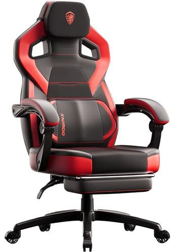 Dowinx PU Leather Gaming Chair with Footrest, Large and High Ergonomic with Lumbar Support Wide Computer Chair for Heavy Persons, Black Red