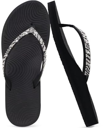 KuaiLu Frauen Strass Flip Flops mit Komfort Bogen Unterstützung Yoga Matte Kissen Sandalen Mode Sommer Strand Pool Reisen Orthotic Walking Thong Sandles Slip auf Plantar Fasciitis Schwarz 40