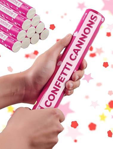 Partyjoker 10 Konfettikanonen für Kinder Geburtstag für Mädchen – mit Sternen Konfetti in Pink Rosa – FSC®-zertifiziertes Biologisch Abbaubares – Einfach und Sicher - Pink-Themed Birthday Confetti