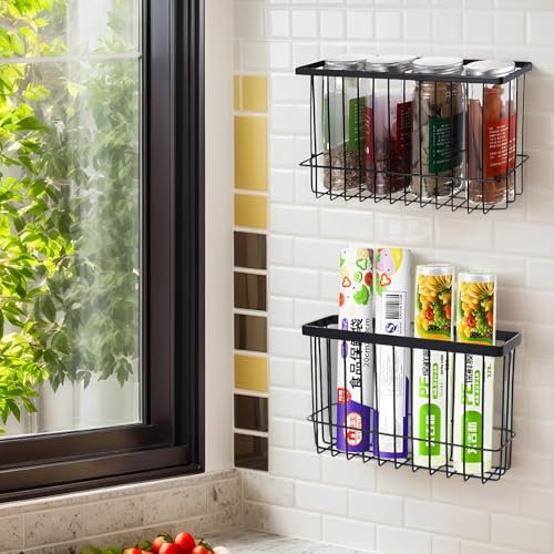 BieMian 2 Pcs Kitchen Cabinet Door Storage Box, Self-Adhesive Metal Kitchen Cupboard Storage Organiser Wall Storage for Bathroom Fridge Refrigerator Small Items Shelf Pantry Organizers(Black)