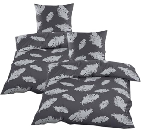 Casa Colori Biber Bettwäsche 135x200 cm 4tlg. mit Reißverschluss Garnitur in Anthrazit mit grauen Federn