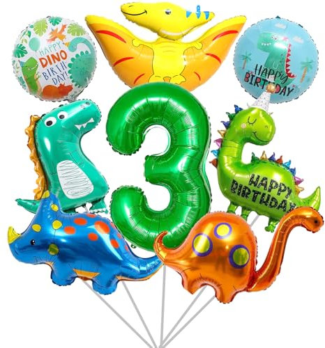 8 Stück Dino Geburtstag Deko 3 Jahre, Dinosaurier Folienballon 3 Jahre, Dino Luftballons, Geburtstagsdeko Junge, Dinosaurier Jungle Geburtstag Deko