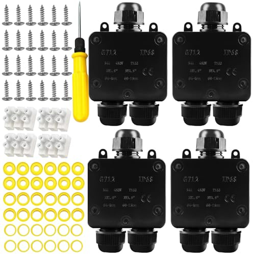 GOMETY Boîte de jonction étanche 4 pièces : 4 boîtes de jonction 3 voies extérieures étanches IP68, boîte de distribution électrique extérieure pour câbles de 5-15 mm de diamètre, noir
