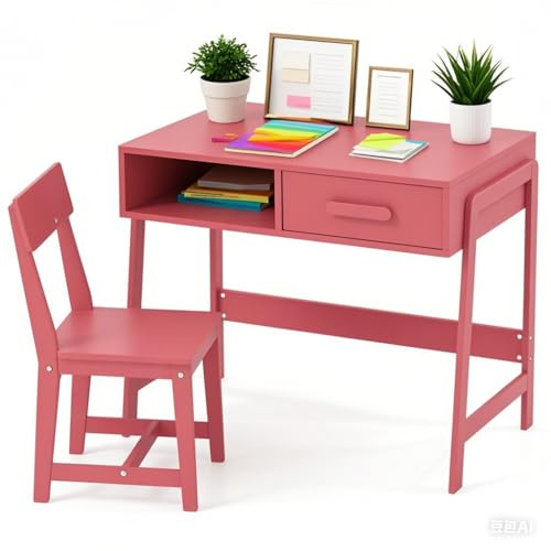 LIFEZEAL Set Scrivania e Sedia per Bambini 3+Anni, Scrivania con Cassetto, Banco Scuola, Tavolo da Studio, Sedia con Schienale, in Legno, per Cameretta, Giocare, Studiare, Multiattività, Rosa