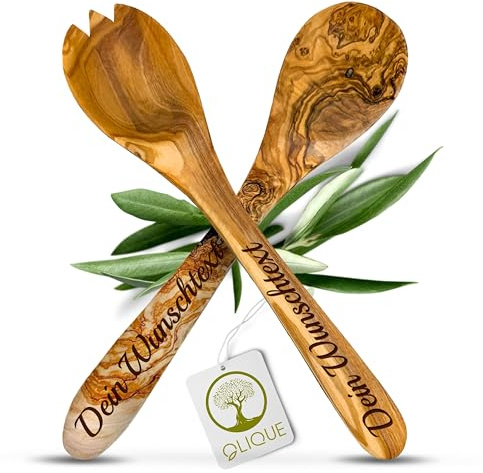 OLIQUE Salatbesteck personalisiert, Olivenholz - Handgemachtes Salat Besteck Set mit Gravur als individuelles Geschenk (36 cm)