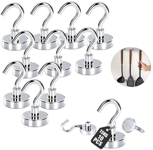 Giantzhong 10 Stück Magnethaken Extra Stark, 20 X 33 mm Magnet Haken, 15kg Neodym Magnete Stark für Camping Gadgets, Werkstatteinrichtung, Küche, Badezimmer More, Ohne Bohren Abnehmba