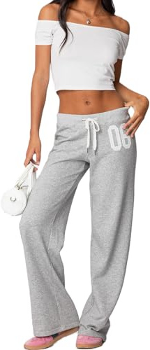 Anuedgis Damen Y2k Sweatpants mit Zahlendruck Elastischer Kordelzug Taille Straight Leg Jogger Casual Trainingshose Ästhetische Streetwear