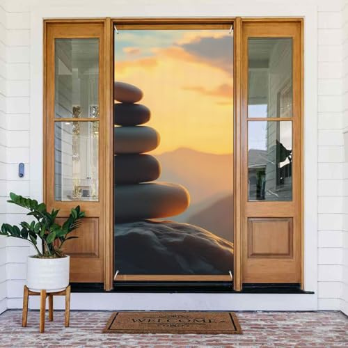 ZSUUGJ Rideau de porte réutilisable Zen Stone Sunset pour décoration intérieure et extérieure, facile à accrocher pour les fêtes, anniversaires et vacances