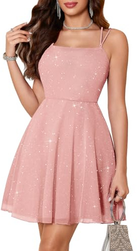 Meetjen Robe de bal courte en sequins pour femmes adolescentes - Robe de soirée formelle à bretelles spaghetti en tulle pour cérémonie de remise des diplômes, rose, Taille M