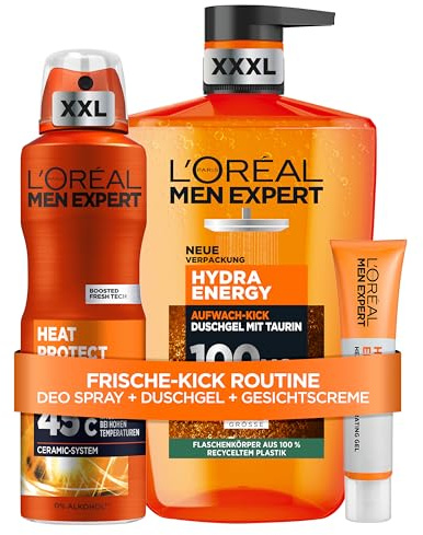 L’Oréal Men Expert Hydra Energy Set: XXXL Duschgel (1000ml), Healthy Look Gesichtsgel (40ml) für gesunden Teint & XXL Heat Protect Deo (250ml), Herrenpflege mit Vitamin C & Taurin