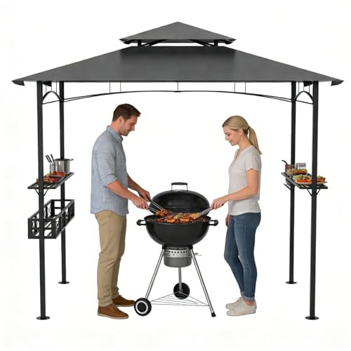Ferzone Abri Barbecue Exterieur 245x153x250cm avec Double Toit, Tonnelle de BBQ Métal avec Tablettes de Service&Panier&Ouvre-Bouteille&Crochets, Pergola Gazebo pour Grill Jardin Fêtes Patio, Gris