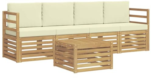vidaXL Outdoor-Sofagarnitur mit Kissen 5 pcs Weiß und Creme Polyester, Garten Lounge-Sofa, strapazierfähige Außensitzgruppe, modernes Terrassenmöbel, bequemer Wohnbereich