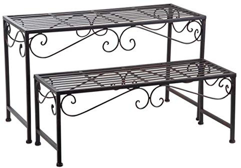 AUBRY GASPARD - Sellettes Porte-Plantes Métal Vieilli (Lot de 2) - Finition Noire - Grande 68x28x40 cm - Petite 64x24x25 cm - Aménagement Jardin - Livré Monté - Design Élégant