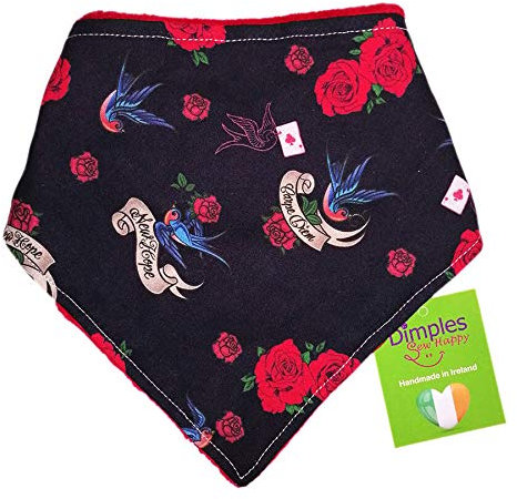 Dimples Hundehalstuch - Schwalben und Rosen schwarz rot - Halstuch für kleine mittlere und Grosse Hunde Welpen und Katzen - Rockabilly Rock and Roll Hunde Accessoire 25cm
