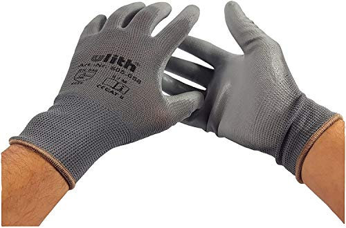12 Paar Arbeitshandschuhe Bauhandschuhe Montagehandschuhe mit PU-Teilbeschichtung von Ulith EN 420 EN 388 Gr. M, Farbe grau)