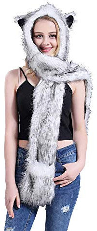 Kunstfell Tiermütze 3-in-1 Funktion Kapuzen mit Schals Fäustlinge Pfoten Ohren Warme Wintermütze für Frauen Mädchen Gr. Einheitsgröße, Stil-2