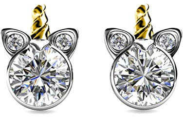 Silver Small Unicorn Stud Swarovski Crystal Earrings with Gold Horn - Rhodium and 18ct Gold Plated for Girl's Gift