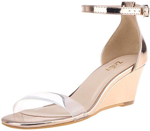 ZriEy Damen Keilsandalen, Roségold, transparent, offener Zehenbereich, Knöchelriemen, 5,1 cm, mittelhoher Absatz, Größe 40, Transparent, Rotgold