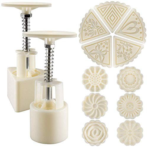 Molde de luna para tartas de mooncake, juego de 2 prensas de galletas en forma de flor y triángulo con 11 diseños, utensilios para decoración de tartas de cocina, color blanco