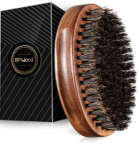 BFWood Boar Bristle Beard Brush - Black Wood Walnut Military Style, Men's Wooden Mustache Brush