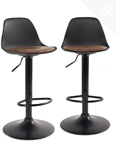 KAYELLES Lot de 2 tabourets de Bar Design Coussin Simili Cuir rembourré, Repose Pied, réglable en Hauteur et pivotant 360° SIG + (Noir intégral - Marron)