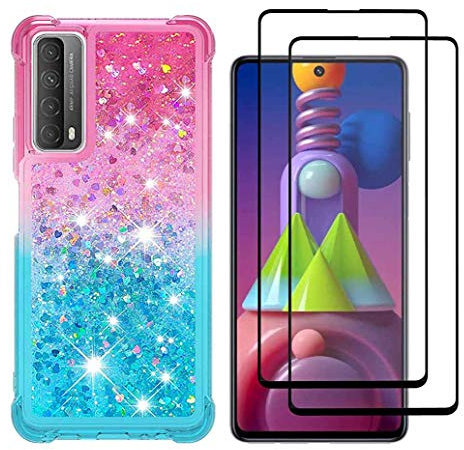 GOGME Hülle für Huawei P smart 2021 Hülle + 2 Panzerglas, Handyhülle Huawei P smart 2021 Gradient Farbe Glitzer Flüssig Treibsand Weich TPU Bumper Silikon Stoßfeste Schutzhülle, Rosa/Blau