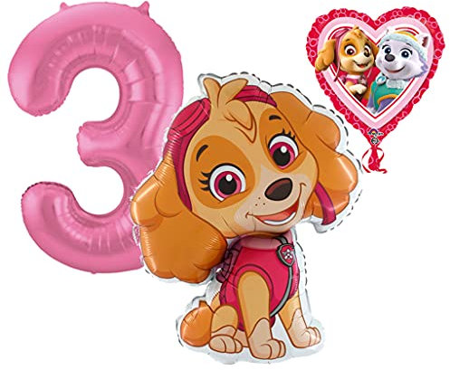 Skye Paw Patrol Ballonset Ballon mit rosa Zahl 3 Kindergeburtstag Heliumgeeignet Deko Kindergeburtstag Partygeschirr Dekoration für Geburtstag Party Mottoparty Motto Luftballons